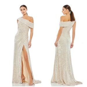 NWT Mac Duggal Nude Sequin Drop Shoulder Rouched Maxi Formal dress gown sz Large